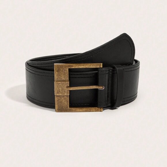 Square Buckle Thick Vegan Leather Belt Black - Picture 1 of 4